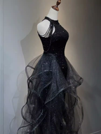 Vintage A Line Halter Black Party Dress Sequin Classy Prom Dress