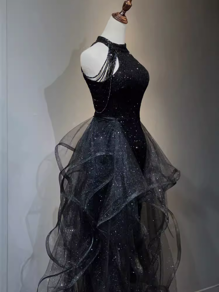 Vintage A Line Halter Black Party Dress Sequin Classy Prom Dress