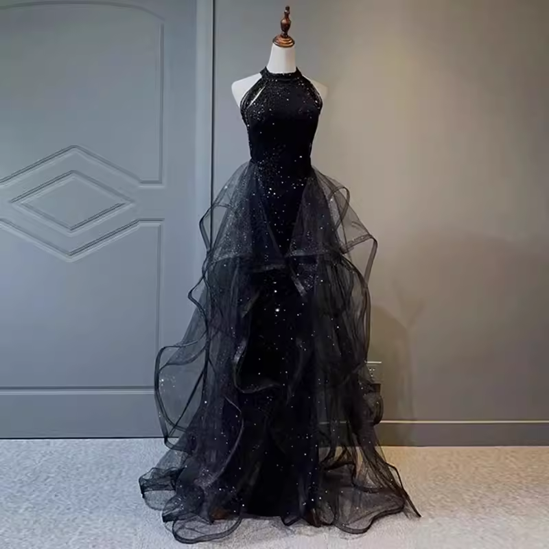 Vintage A Line Halter Black Party Dress Sequin Classy Prom Dress Main image