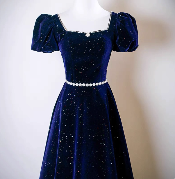 Vintage A-Line Navy Blue Square Neck Short Sleeve Glitter Satin Long Classy Prom Dress Secondary image
