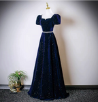 Vintage A-Line Navy Blue Square Neck Short Sleeve Glitter Satin Long Classy Prom Dress