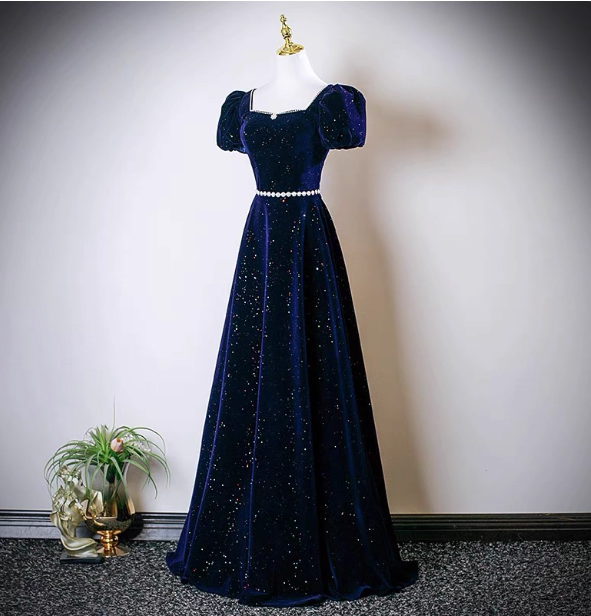 Vintage A-Line Navy Blue Square Neck Short Sleeve Glitter Satin Long Classy Prom Dress