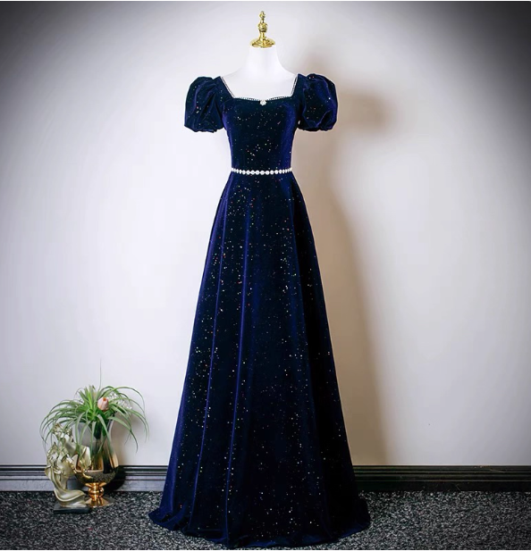 Vintage A-Line Navy Blue Square Neck Short Sleeve Glitter Satin Long Classy Prom Dress