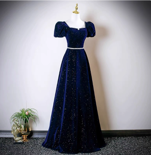 Vintage A-Line Navy Blue Square Neck Short Sleeve Glitter Satin Long Classy Prom Dress Main image