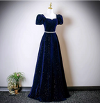 Vintage A-Line Navy Blue Square Neck Short Sleeve Glitter Satin Long Classy Prom Dress