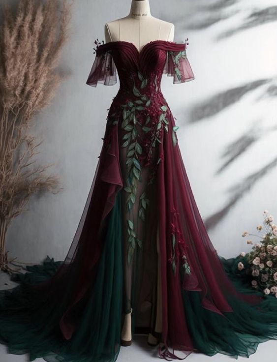 Vintage A Line Off The Shoulder Tulle Burgundy Classy Prom Dress