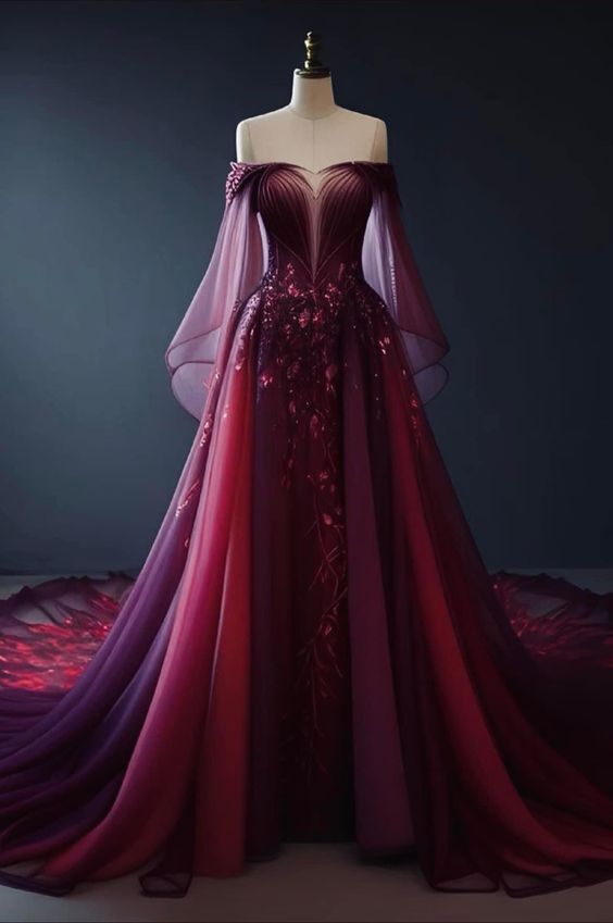Vintage A Line Off The Shoulder Tulle Burgundy Classy Prom Dress