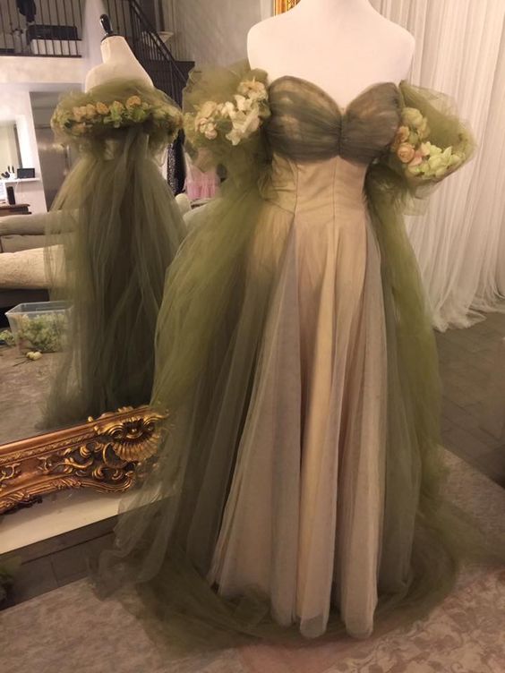 Vintage A Line Off The Shoulder Tulle Sage Green Classy Prom Dress Secondary image