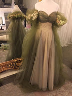 Vintage A Line Off The Shoulder Tulle Sage Green Classy Prom Dress