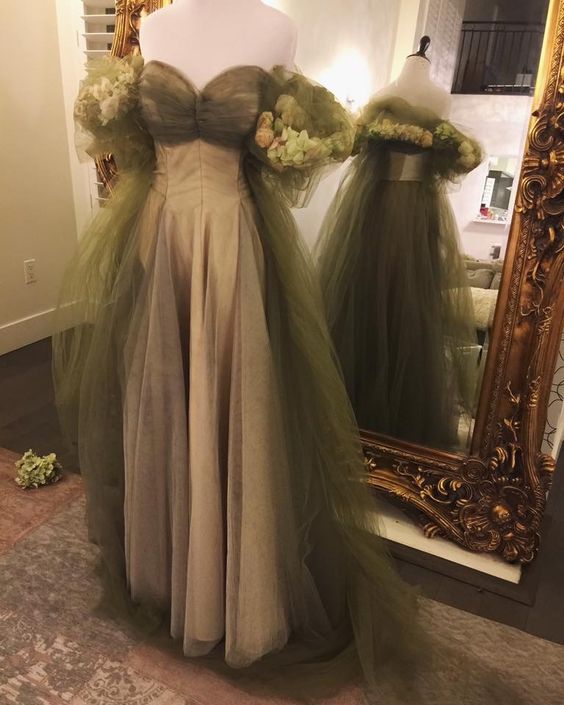 Vintage A Line Off The Shoulder Tulle Sage Green Classy Prom Dress Main image