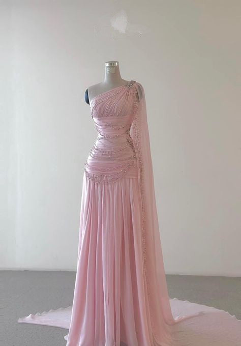 Vintage A Line One Shoulder Pink Chiffon Floor Length Classy Prom Dress Beads Classy Evening Dress Secondary image