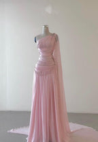 Vintage A Line One Shoulder Pink Chiffon Floor Length Classy Prom Dress Beads Classy Evening Dress