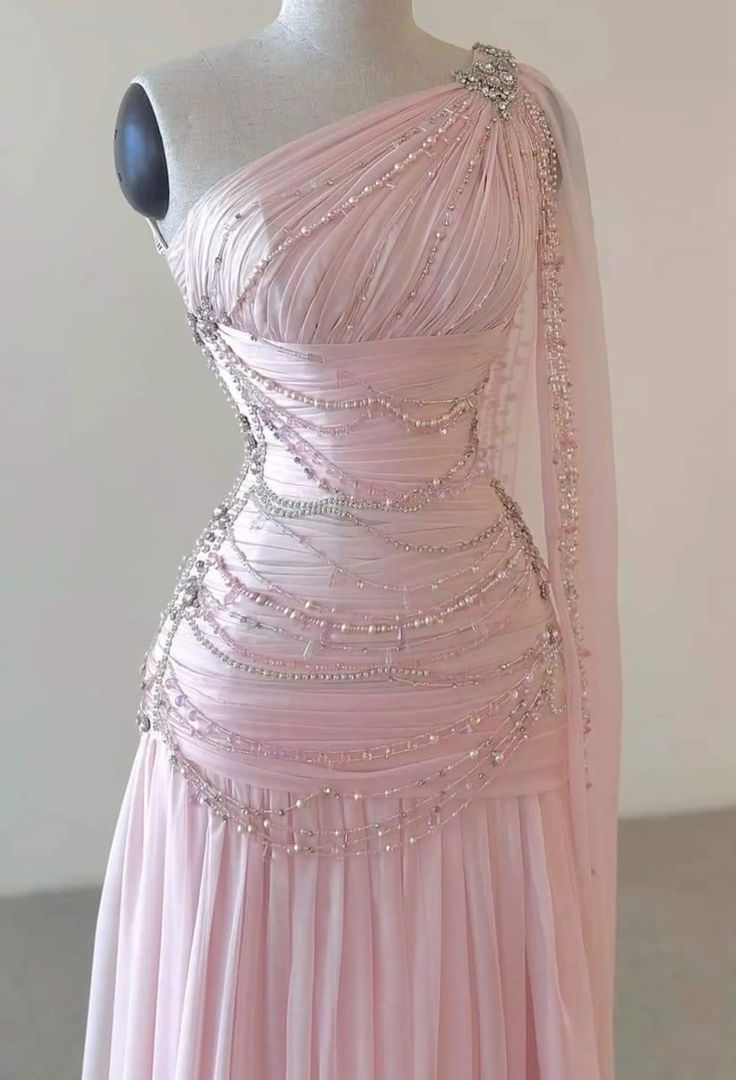 Vintage A Line One Shoulder Pink Chiffon Floor Length Classy Prom Dress Beads Classy Evening Dress Main image