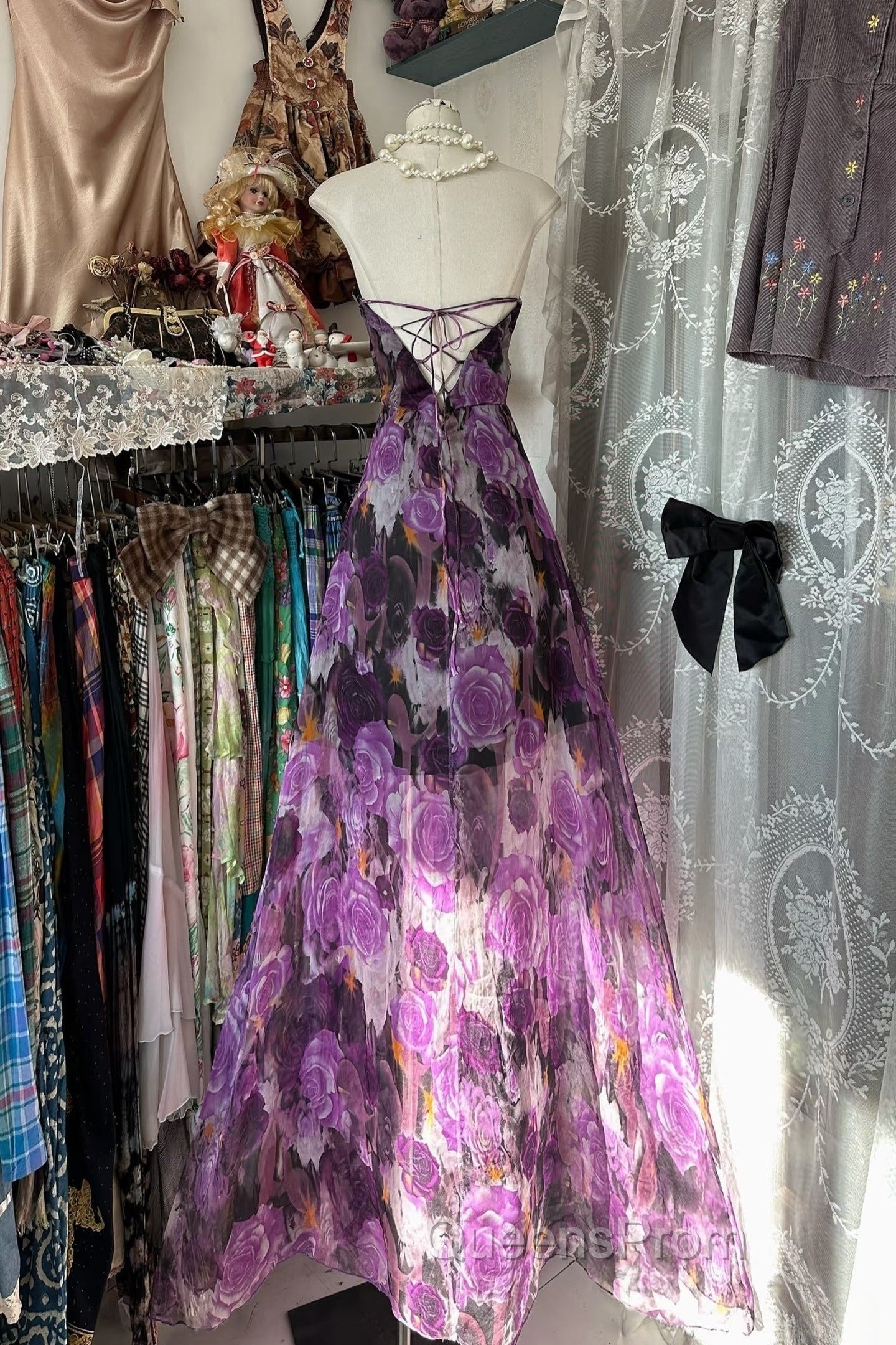 Vintage A Line Sleeveless Long Floral Chiffon Evening Dress Evening Prom Dress Secondary image