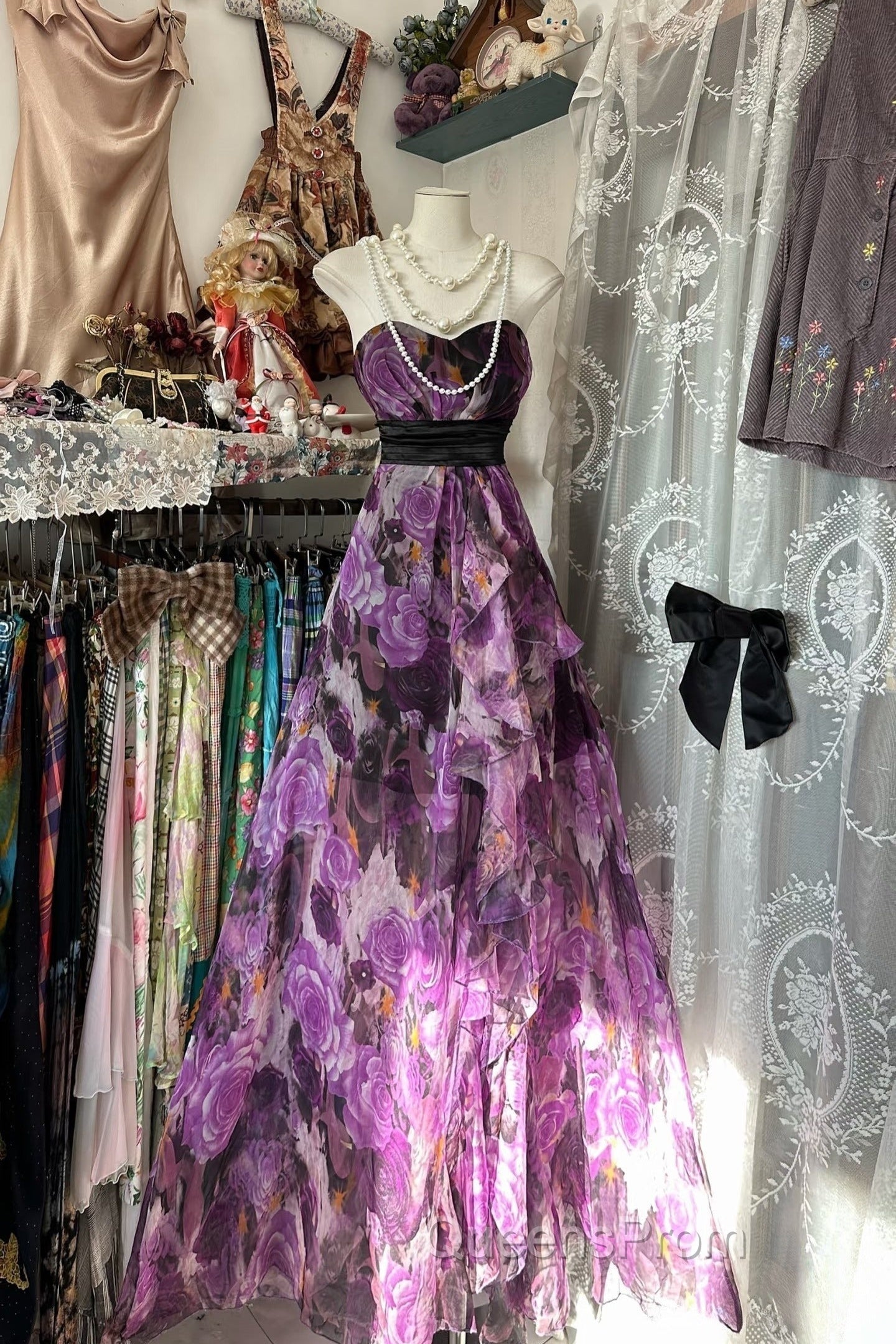 Vintage A Line Sleeveless Long Floral Chiffon Evening Dress Evening Prom Dress