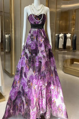 Vintage A Line Sleeveless Long Floral Chiffon Evening Dress Evening Prom Dress