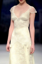 Vintage A Line Small Flying Sleeves Lace Satin Long Classy Evening Dress Party Dress