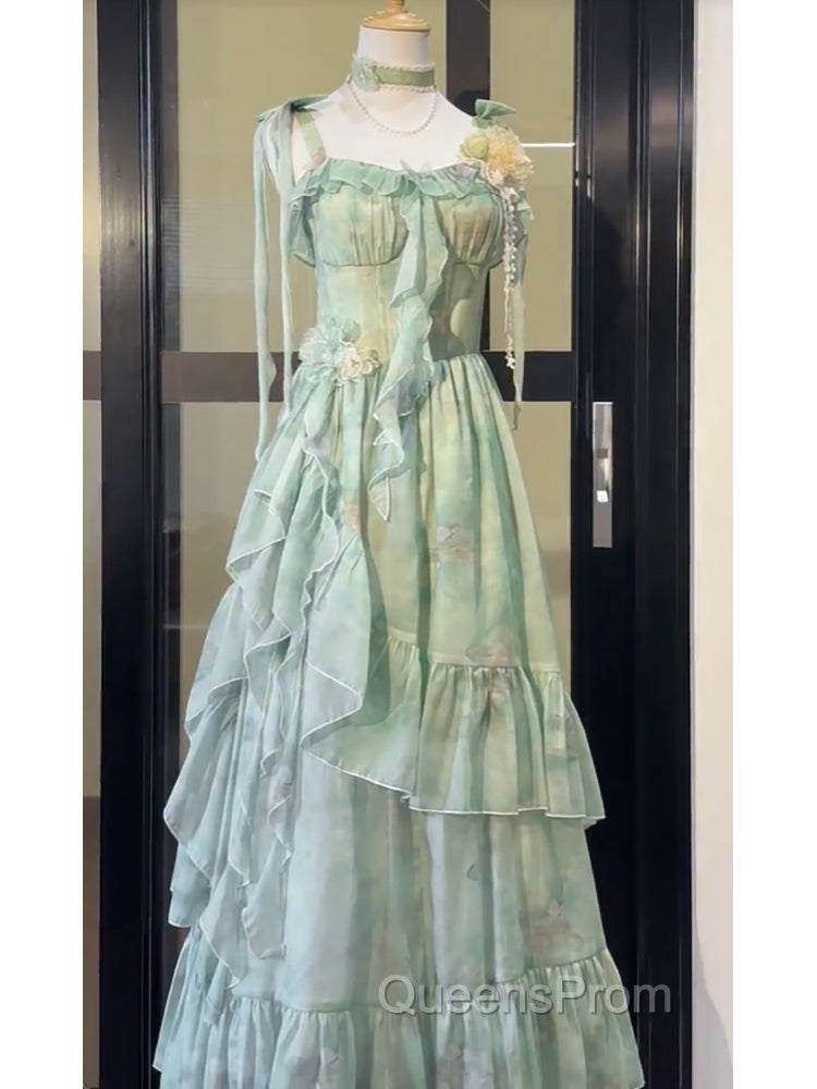 Vintage A Line Spaghetti Straps Green Floral Long Birthday Dress Evening Prom Dress Birthday Outfits Secondary image