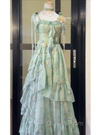 Vintage A Line Spaghetti Straps Green Floral Long Birthday Dress Evening Prom Dress Birthday Outfits