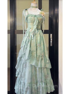 Vintage A Line Spaghetti Straps Green Floral Long Birthday Dress Evening Prom Dress Birthday Outfits