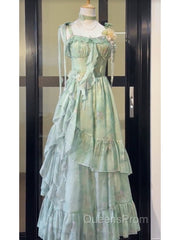 Vintage A Line Spaghetti Straps Green Floral Long Birthday Dress Evening Prom Dress Birthday Outfits