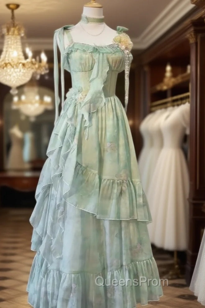 Vintage A Line Spaghetti Straps Green Floral Long Birthday Dress Evening Prom Dress Birthday Outfits Main image