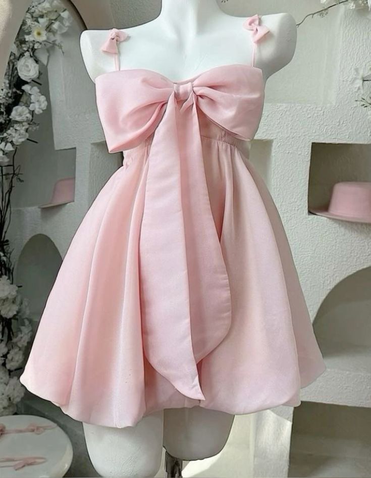 Vintage A Line Spaghetti Straps Pink Satin Bow-Knot Short Mini Classy 8Th Grade Homecoming Dress Summer Middle School Hoco Dress Birthday Outfits Secondary image