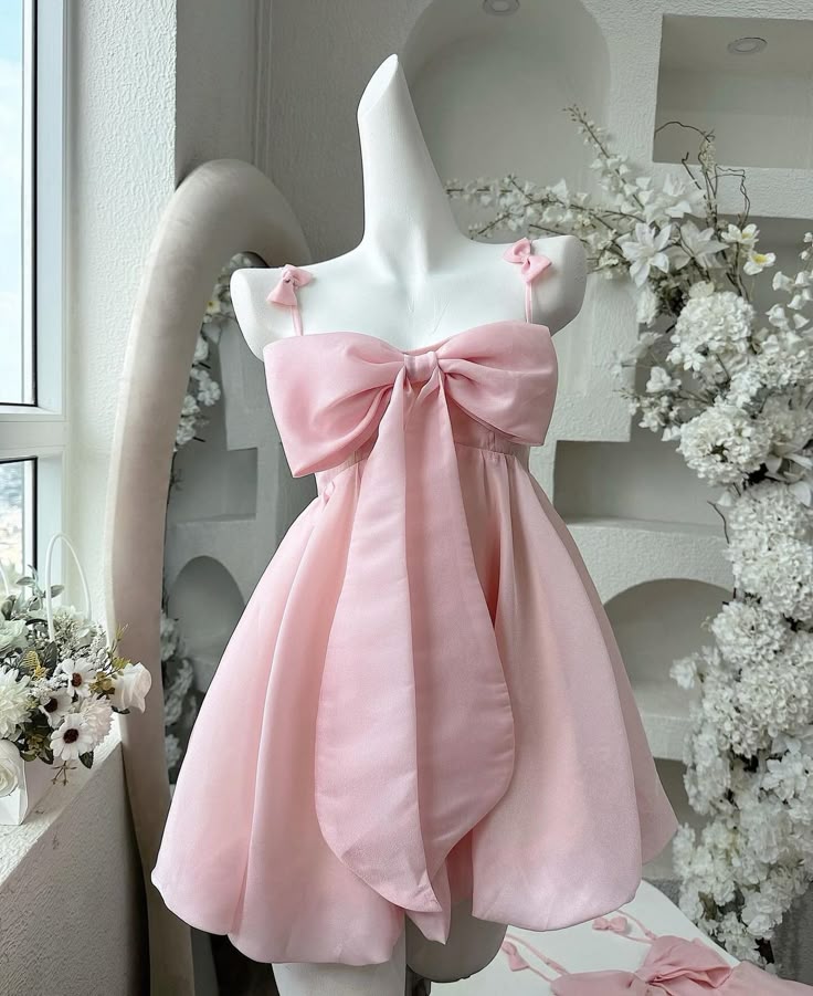 Vintage A Line Spaghetti Straps Pink Satin Bow-Knot Short Mini Classy 8Th Grade Homecoming Dress Summer Middle School Hoco Dress Birthday Outfits Main image