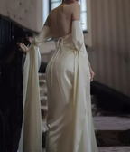 Vintage A Line Strapless Long Sleeves White Silk Satin Backless Wedding Dress