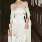 Vintage A Line Strapless Long Sleeves White Silk Satin Backless Wedding Dress