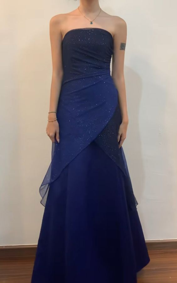 Vintage A Line Strapless Navy Blue Long Classy Prom Dress Secondary image