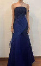 Vintage A Line Strapless Navy Blue Long Classy Prom Dress