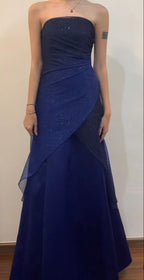 Vintage A Line Strapless Navy Blue Long Classy Prom Dress