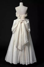 Vintage A Line Strapless Satin White Long Wedding Dress Brides Dress