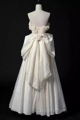 Vintage A Line Strapless Satin White Long Wedding Dress Brides Dress