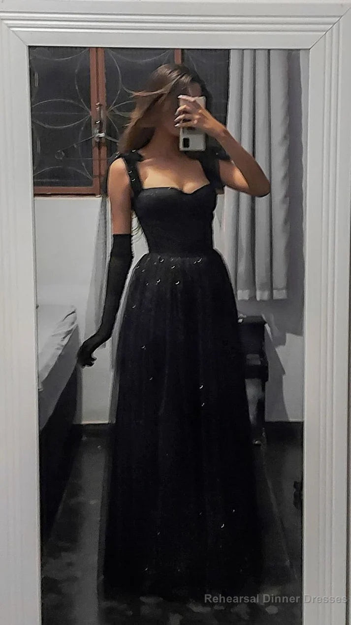 Vintage A line Straps Sleeveless Long Tulle Black Prom Dress Main image
