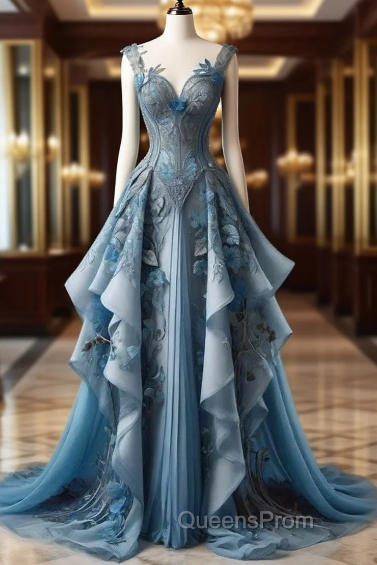 Vintage A Line Sweetheart Neck Chiffon Applique Long Evening Prom Dress, Evening Dress