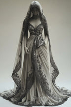Vintage A-Line V-Neck Lace Appliqu Long Evening Prom Dress With Veil Wedding Dress