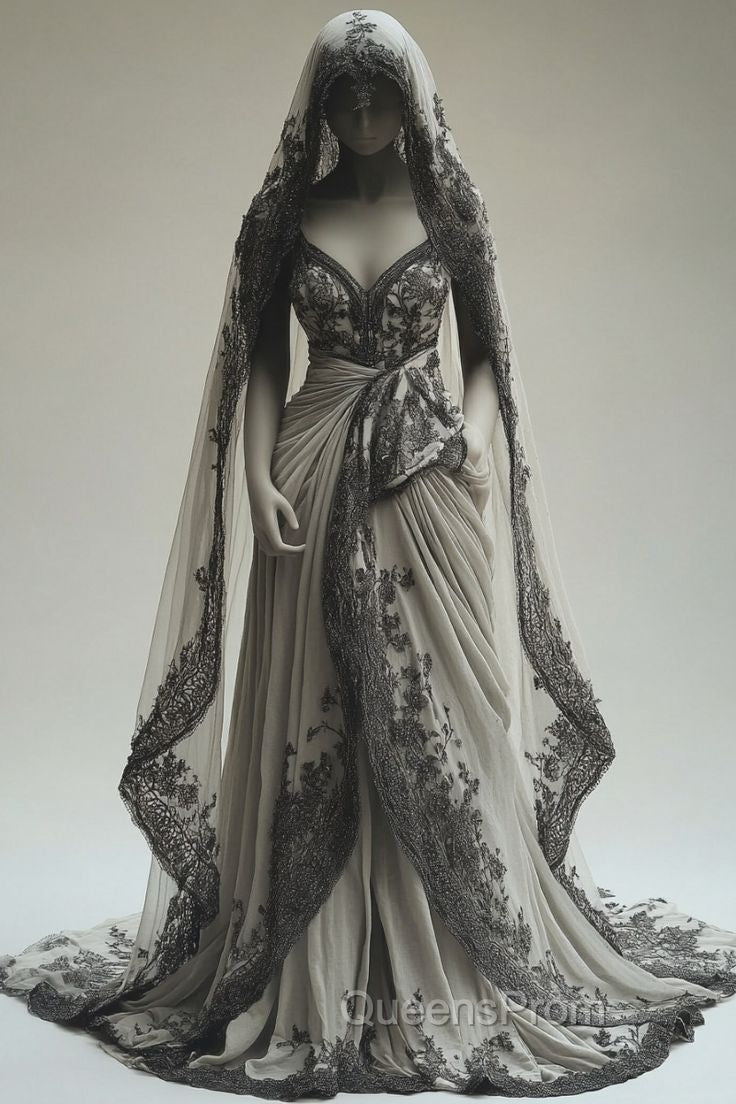 Vintage A-Line V-Neck Lace Appliqu Long Evening Prom Dress With Veil Wedding Dress