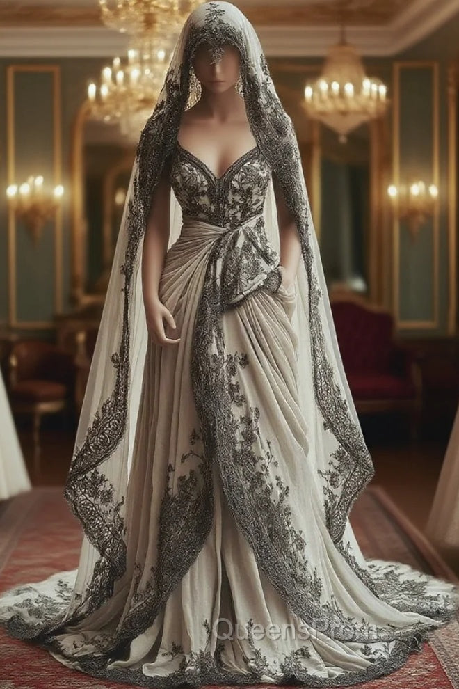 Vintage A-Line V-Neck Lace Appliqu Long Evening Prom Dress With Veil Wedding Dress Main image