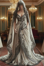 Vintage A-Line V-Neck Lace Appliqu Long Evening Prom Dress With Veil Wedding Dress