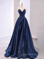 Vintage A-Line V Neck Satin Dark Blue Long Evening Prom Dress, Blue Long Formal Dress
