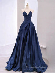 Vintage A-Line V Neck Satin Dark Blue Long Evening Prom Dress, Blue Long Formal Dress
