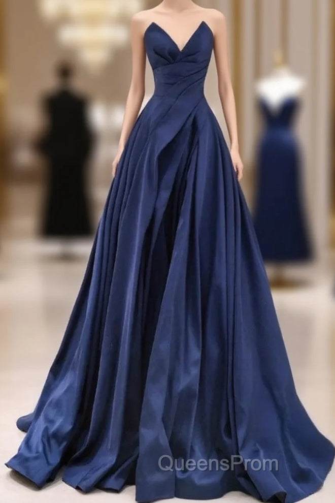 Vintage A-Line V Neck Satin Dark Blue Long Evening Prom Dress, Blue Long Formal Dress Main image