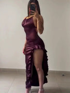 Vintage Backless Ruffle Asymmetrical Midi Length Party Dress