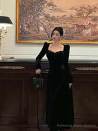 Vintage Balck Long Sleeve Dress Woman Elegant Fashion Velvet Prom Dresses