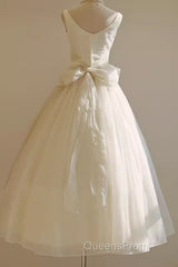 Vintage Ball Gown Bateau White Tea Length Wedding Dress Brides Dress