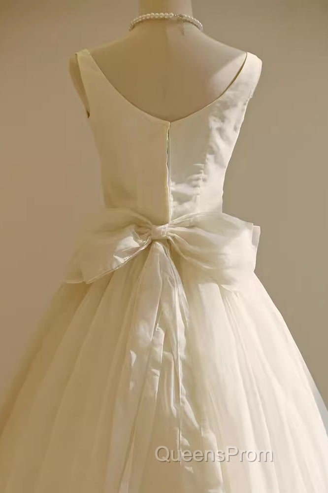 Vintage Ball Gown Bateau White Tea Length Wedding Dress Brides Dress