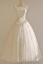 Vintage Ball Gown Bateau White Tea Length Wedding Dress Brides Dress