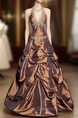Vintage Ball Gown Halter Brown Sleeveless Long Evening Prom Gown Fairy Evening Prom Dress